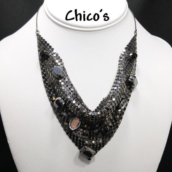 Chico's Gunmetal Gray Large Rhinestone Mesh Necklace, 19 Inches - Picture 1 of 8